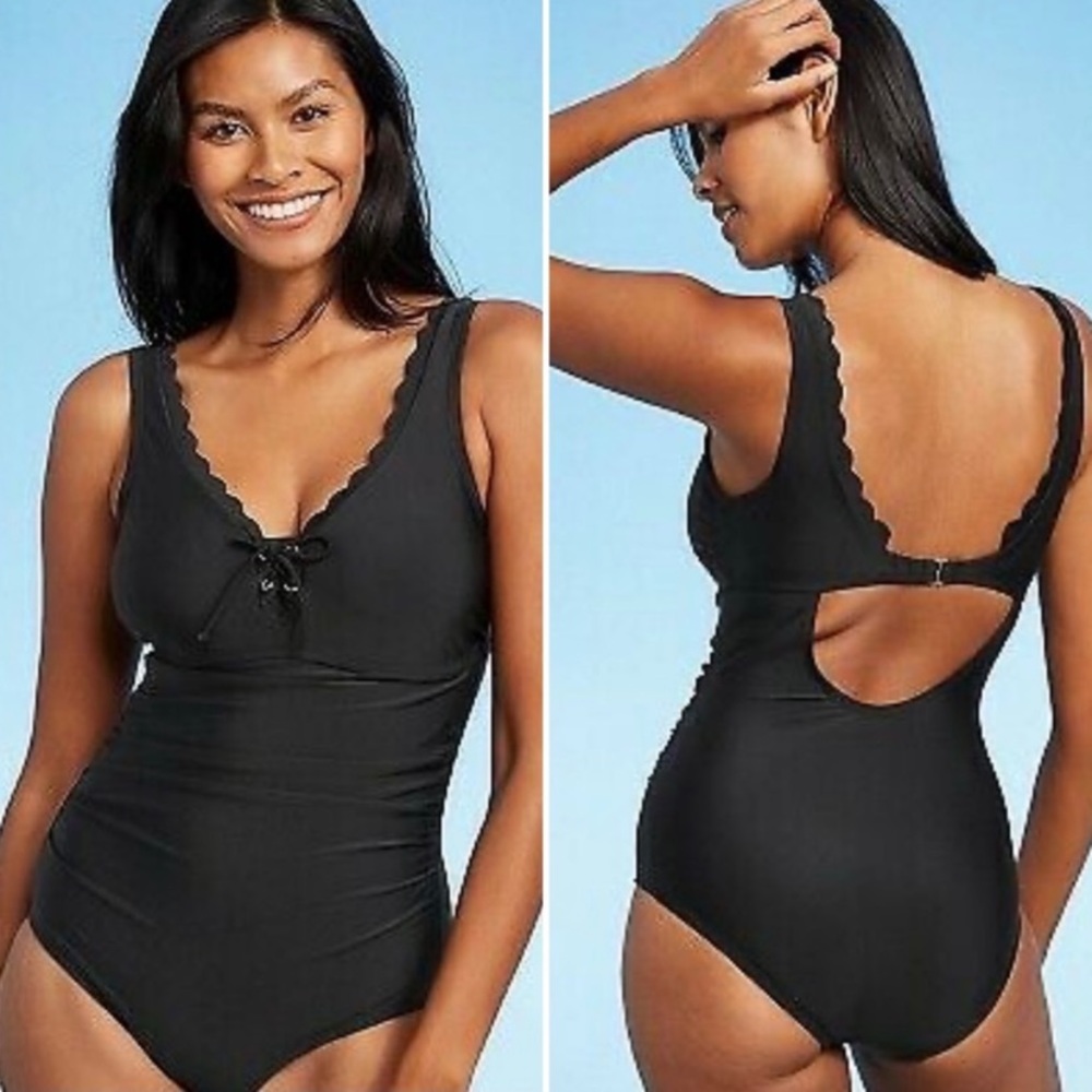 Kona Sol Lace-Up Scallop One Piece Swimsuit